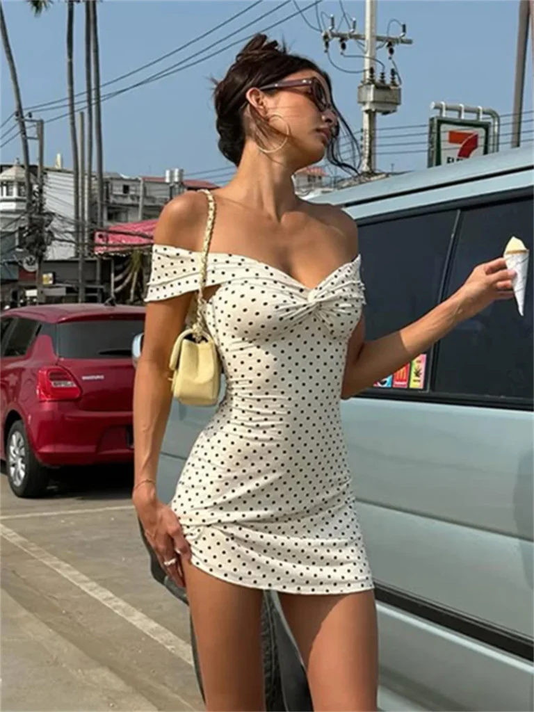 Kliou Ruched Elegant Mini Dress Woman Polka Dot Print Slash Neck Backless Skinny Peach Buttocks Summer Street Y2K Style Bodycon 5