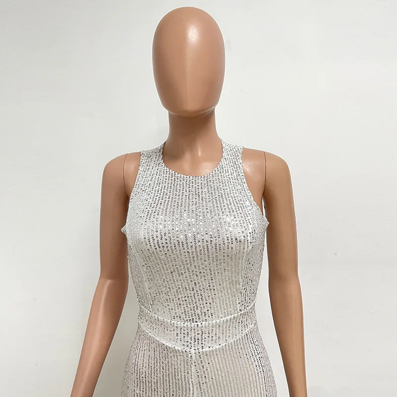 Bling Bling Sequined Club Jumpsuit Sexy Women O-neck Elegant Shiny Sliver Gold Sequins Straight Romper Overalls 6