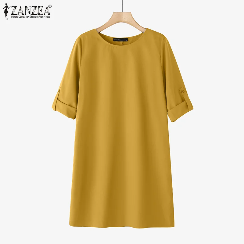 ZANZEA Elegant Women Party Dress 2026 Summer Fashion 3/4 Sleeve Casual Shirt Vestidos Pockets Loose Solid Knee-length Sundress 4