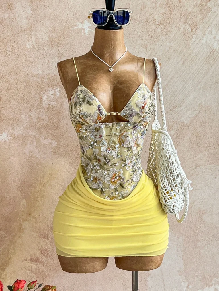 Women Spaghetti Strap Floral Printed Mini Dress Cutout Front Ruched Bodycon Short Dress For Club Night Party Occasion 5