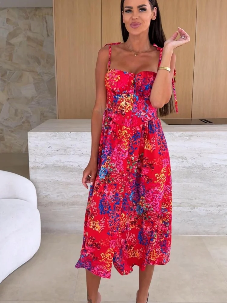 Summer Fashion Sleeveless Women Sling Dress Print Elegant Casual Long Party Evening Dress 4