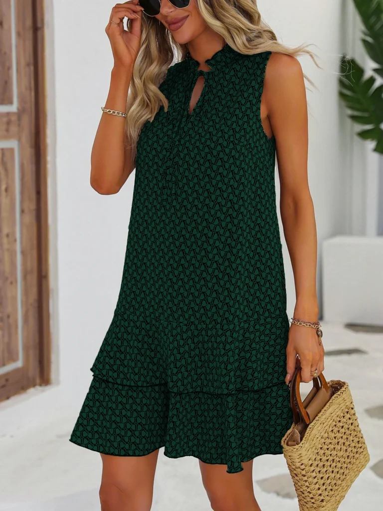 Women's Geometric Print Bow Dress, Casual Fitted Woven Dress, All-Seasons Wear, MultiLayered Cake Skirt Design, Summer 4