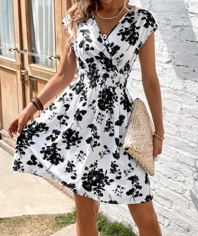Summer Elegant Casual Knot Floral Print Women's Dress Chic V-Neck Sleeveless Gown for Ladies 4