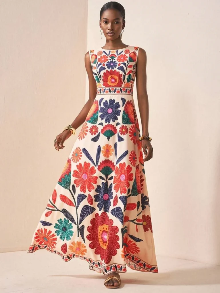 Women Floral Embroidery Maxi Dress Sleeveless Round Neck A-Line Long Dress Summer Beach Wedding Guest Holiday Party Dresses 3