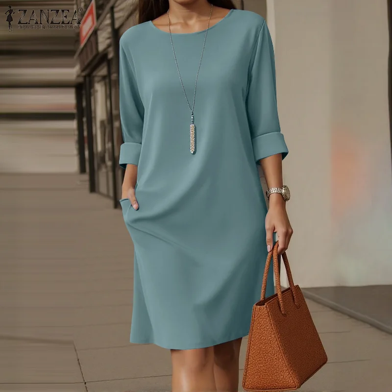 ZANZEA Elegant Women Party Dress 2026 Summer Fashion 3/4 Sleeve Casual Shirt Vestidos Pockets Loose Solid Knee-length Sundress 2