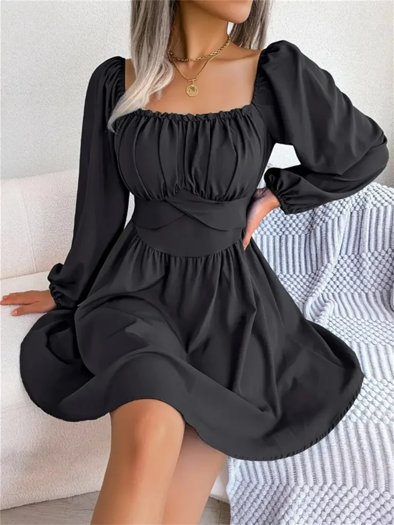 Casual Ruched Square Neck  Long Sleeve Ruffle Trim Dress For Spring & Fall, Women's Clothing 3