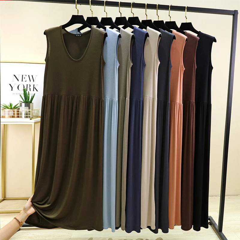 plus Size Modal Vest Skirt Women Summer Loose Thin Pleated Home Sleep Dress round Neck Base Skirt Outdoor Long Skirt 2
