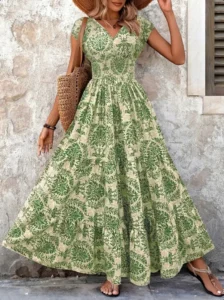 2026 Vintage Printed Dress Fashionable and Elegant V-Neck Short-Sleeved Jumpsuit Long Skirt Women's Clothing