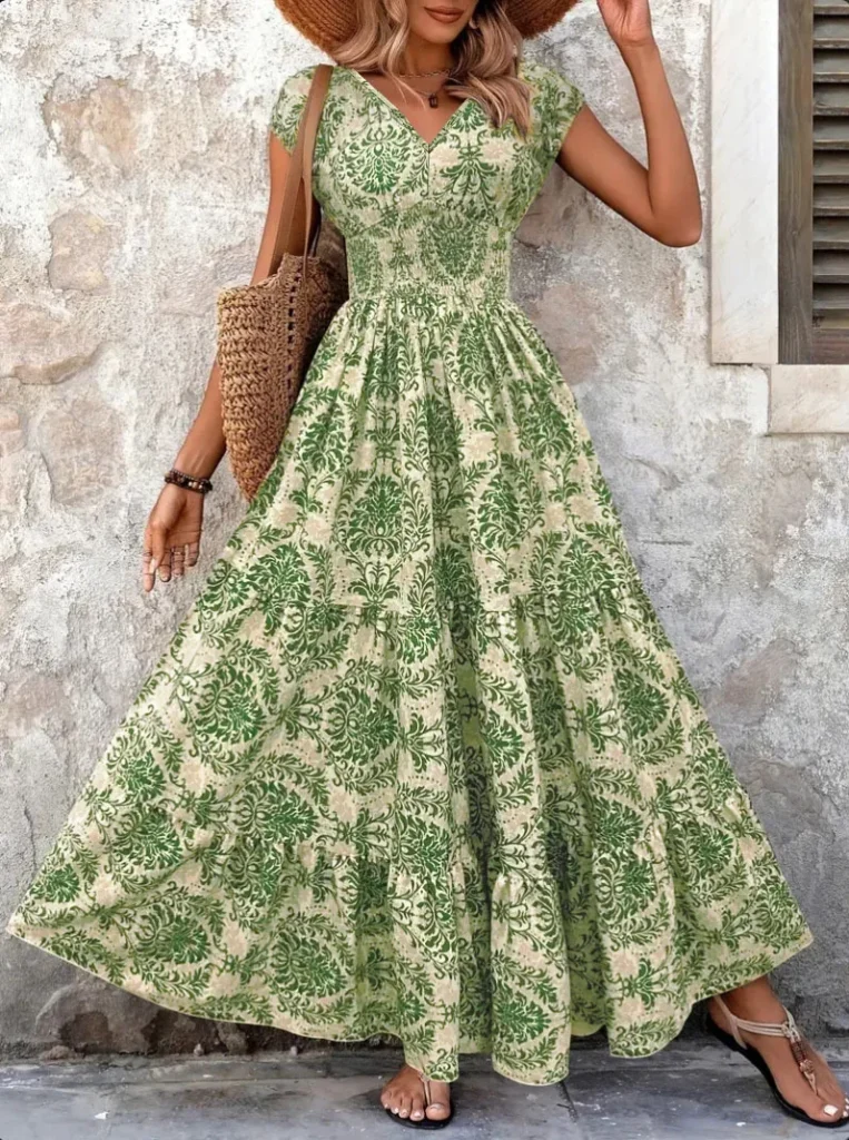 2026 Vintage Printed Dress Fashionable and Elegant V-Neck Short-Sleeved Jumpsuit Long Skirt Women's Clothing 1