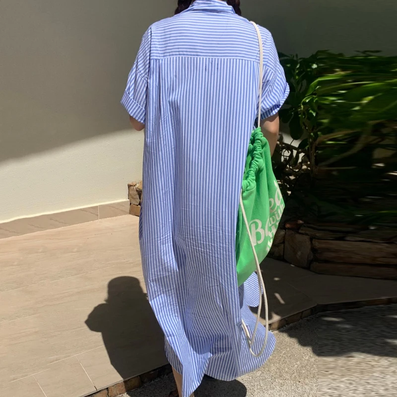 Fashion Blue Stripes Women Shirt Dress Loose Short Sleeve Lapel Elegant Summer Casual Dress Buttons Pocket Office Long Dress 5