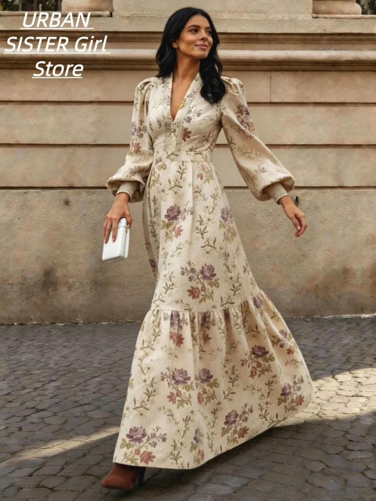 Vintage Floral Print V-Neck Puff Long Sleeve Dress with Elastic Cuffs, High Waist, Layered Ruffles, and a Long Design in a Pastoral Style for Vacation and Travel Photography 3