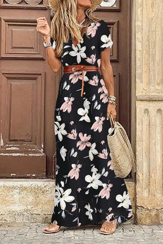 Elegant Floral Pleated H shaped Midi Dress Female V Neck Puff Sleeve Waist Ruched Button Dresses Women Summer Dress Robe 5