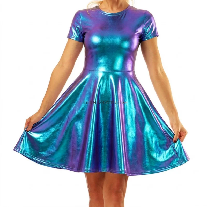 Metallic Shiny Short Sleeve Round Neck Skater Mini Dress Laser Rainbow Silver Purple Flared Swing Costume Party Club Night Dress 3