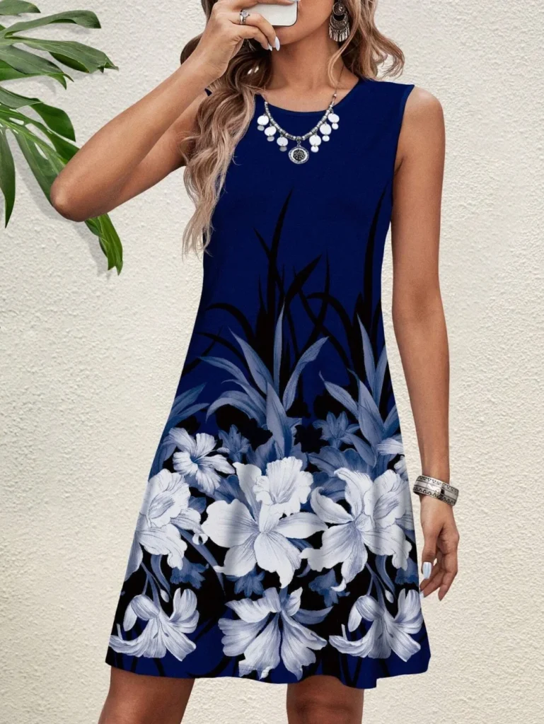 New Fashion Floral Pattern Women Mini Dresses Spring Summer Sleeveless 3D Flower Printing Street Ladies Dress Casual Dress 6