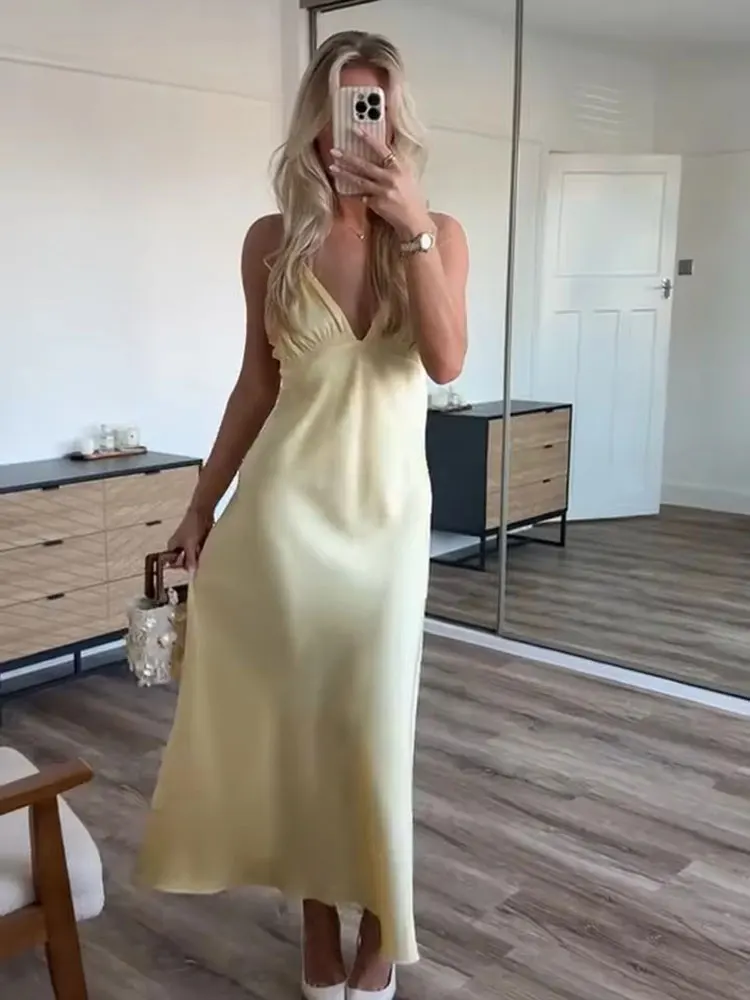 HH Women Backless Yellow Dresses Sleeveless V neck New fashion Elegant Satin Summer Dress Date Night Beach Dress For Women 5