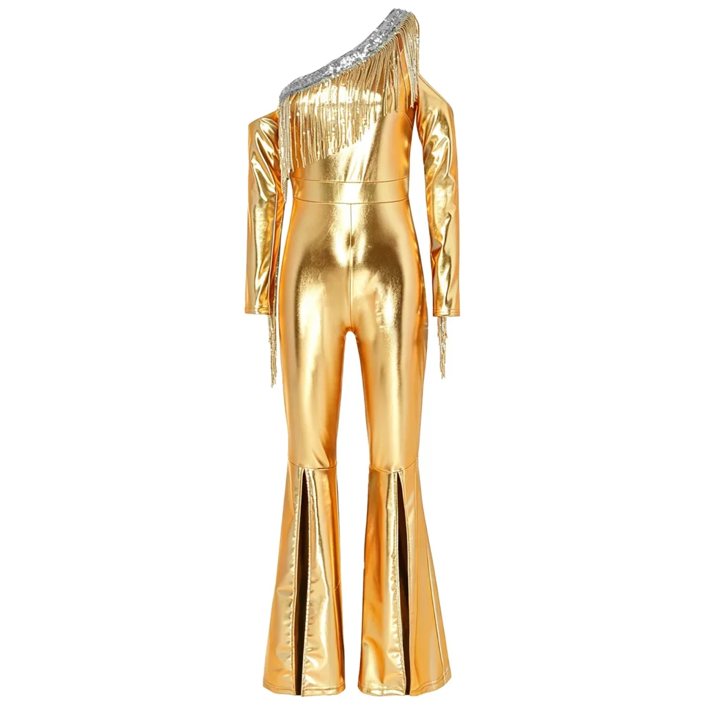 Womens Metallic Shiny Holographic Disco Flare Jumpsuit Sequin Tassels Cold Shoulder Long Sleeve Bell Bottoms Bodysuit Clubwear 4