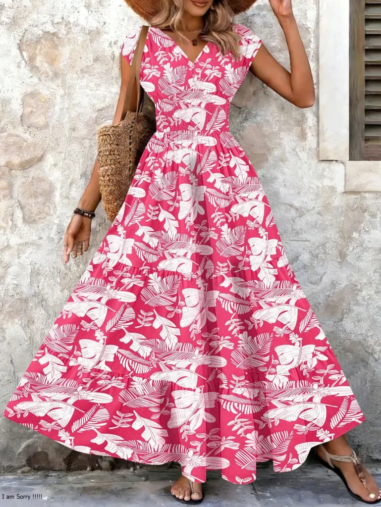 2026 Vintage Floral Print Dress Elegant V-Neck Short Sleeve Long Women's Fashion Retro Gown 3