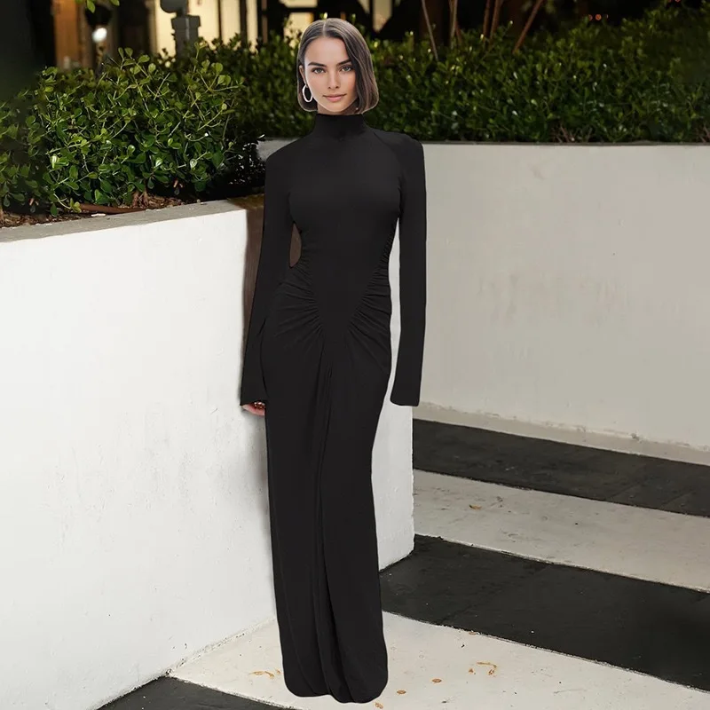 Elegant Solid Long Sleeve Backless Long Dress For Women Solid Skinny Elasticity Party Vestidos Bodycon Ruched Dress 2025 Winter 4