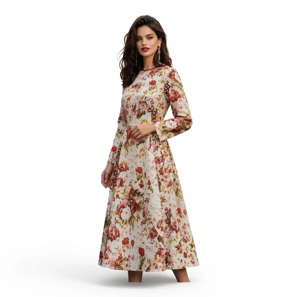 Women's Crew Neck Long Sleeve Midi Dress Floral Print Pleated Waist Flared A‑Line Knee Length Ladies Dress 5