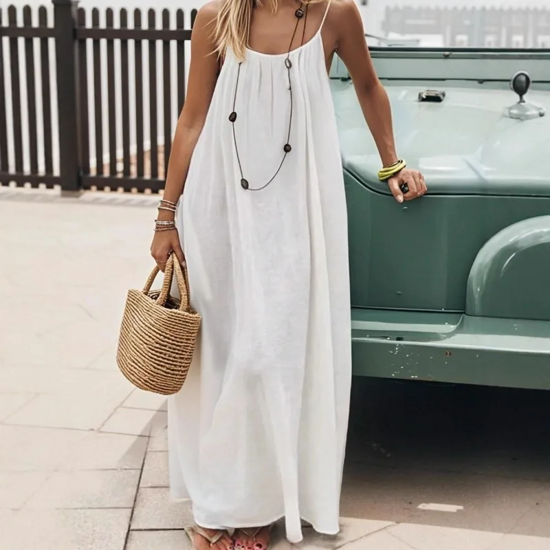2026 Loose-Fit Spaghetti Strap Dress Women's Casual Homewear Summer Dress Solid-Color Vacation Cool Homewear 1