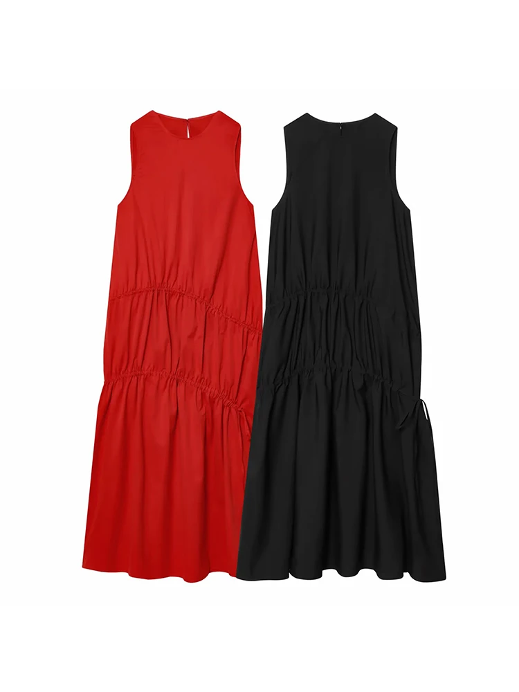 Women New Summer Sleeveless O-neck Long Dress Women's French Style Loose Vintage Bow Midi Dress Female Beach Dress Vestido 2
