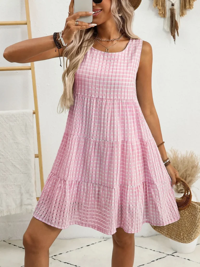 Women's Summer Short Plaid Ruffle Sleeveless Dress, Casual Loose Fit, Inner Lined, Multiple Colors Available, Perfect for Vacati 6