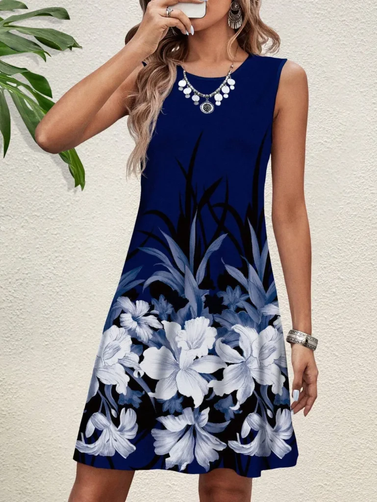 New Fashion Floral Pattern Women Mini Dresses Spring Summer Sleeveless 3D Flower Printing Street Ladies Dress Casual Dress 4