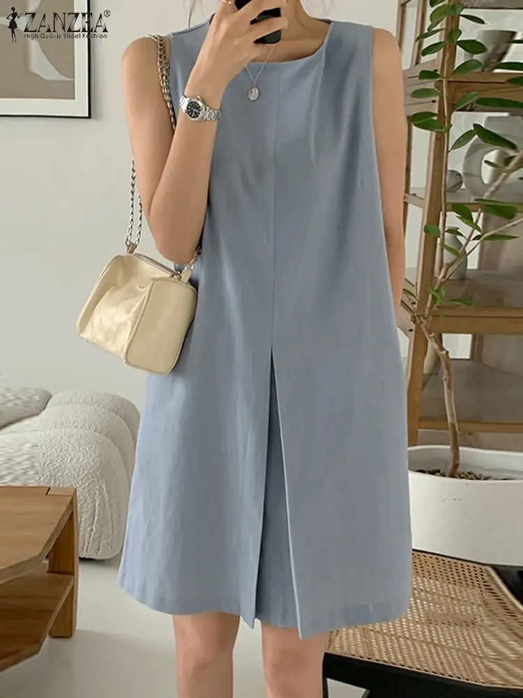 ZANZEA Women Tank Dresses Oversized 2024 Summer Sleeveless Knee Vestidos Casual Solid Loose O Neck Sundress Pockets Robes Femme 1