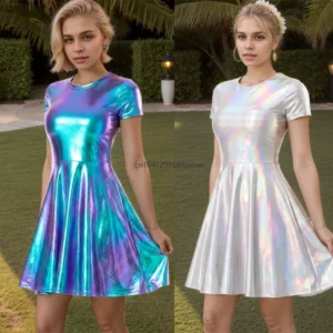 Metallic Shiny Short Sleeve Round Neck Skater Mini Dress Laser Rainbow Silver Purple Flared Swing Costume Party Club Night Dress
