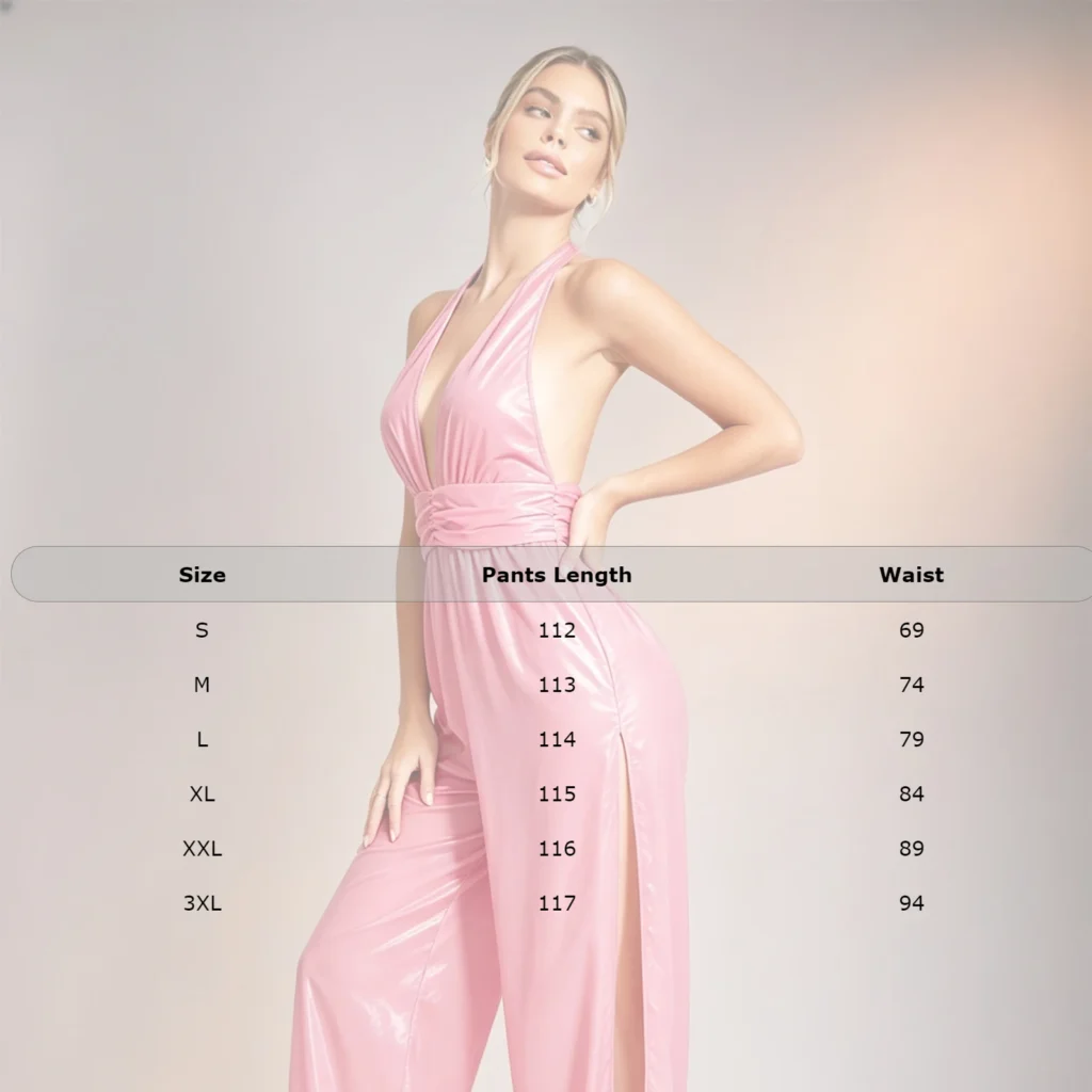 Womens Wet Look Halter Jumpsuit Deep V Ruched Waist Wide Leg Jumpsuit Glossy Water Resistant Back Zipper Side Split Rompers 6