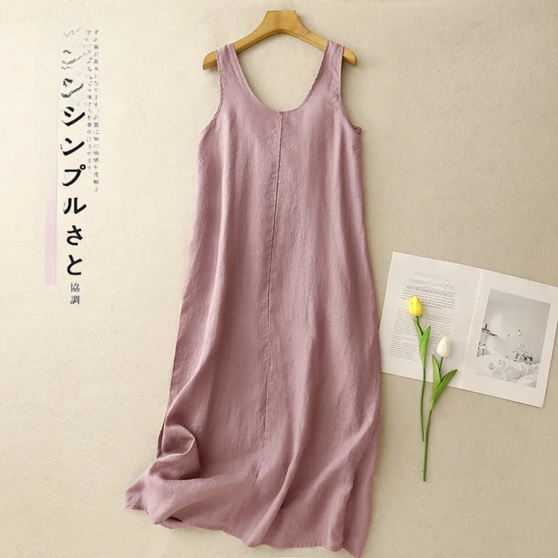 New Summer Casual Cotton Linen Svel Dr Soft Fabric Thin Sle Artistic High Waist round Ne Long Dr for Women 3