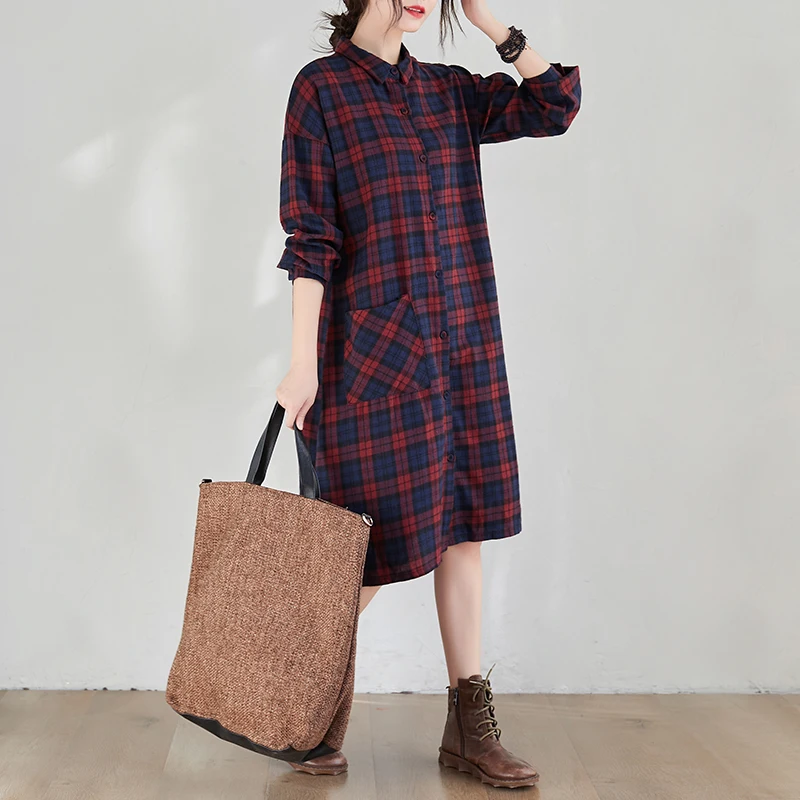 Spring Faion plus Size Women's Plaid irt Dr Korean Sle Long Sve Midi Dr Sli Agel Commute Friendly 2