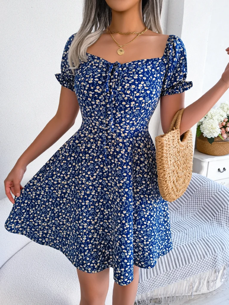 Women Casual Square Neck Flare Short Sleeve Floral Dress Elegant A Line Dress for Spring Summer 2026 Fashion Woman Clothing 5