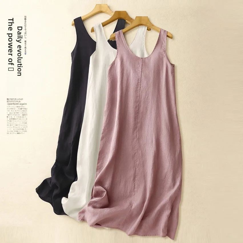 New Summer Casual Cotton Linen Svel Dr Soft Fabric Thin Sle Artistic High Waist round Ne Long Dr for Women 1