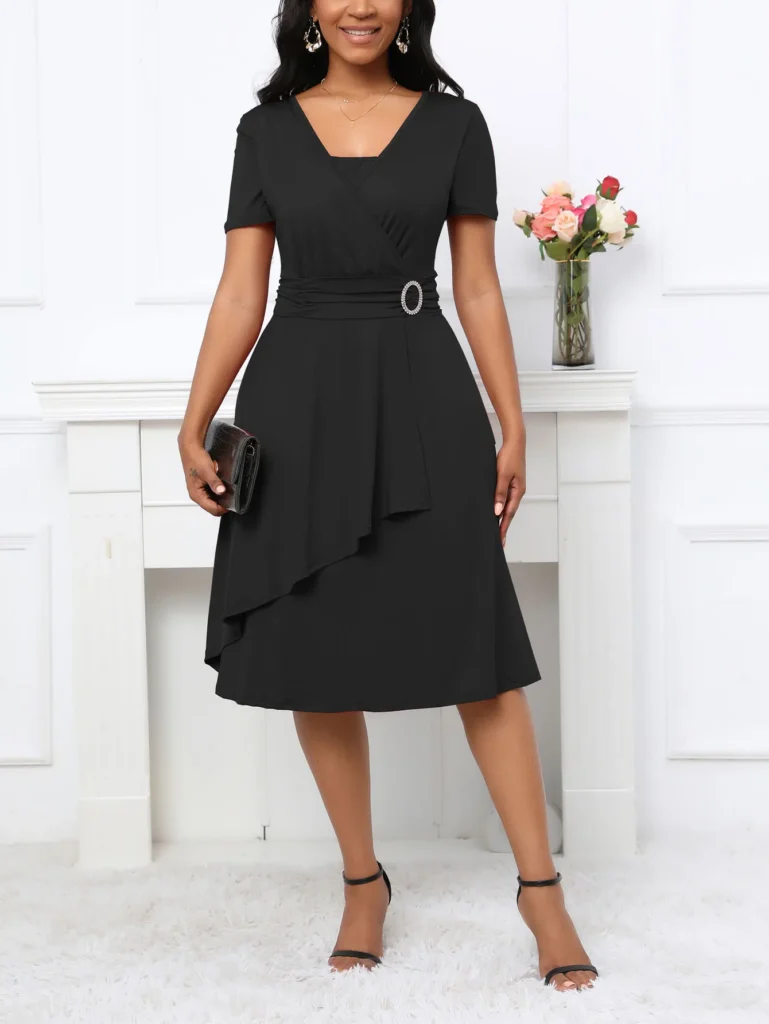 Womens Short Sleeve Summer Square Neck Casual Wrap Fit And Flare Solid Color Swing Midi Dress 5