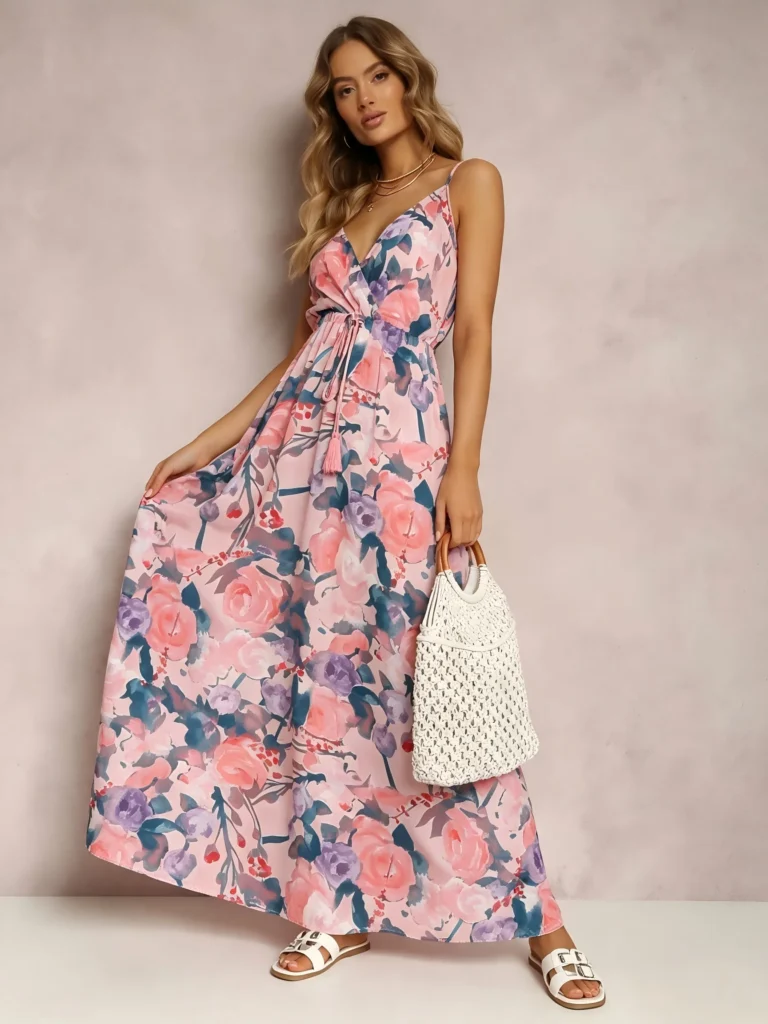 Women Watercolor Floral Print Maxi Dress V Neck Spaghetti Strap Tassel Tie Waist Smocked Back Summer Beach Holiday Casual Long Sundress 2