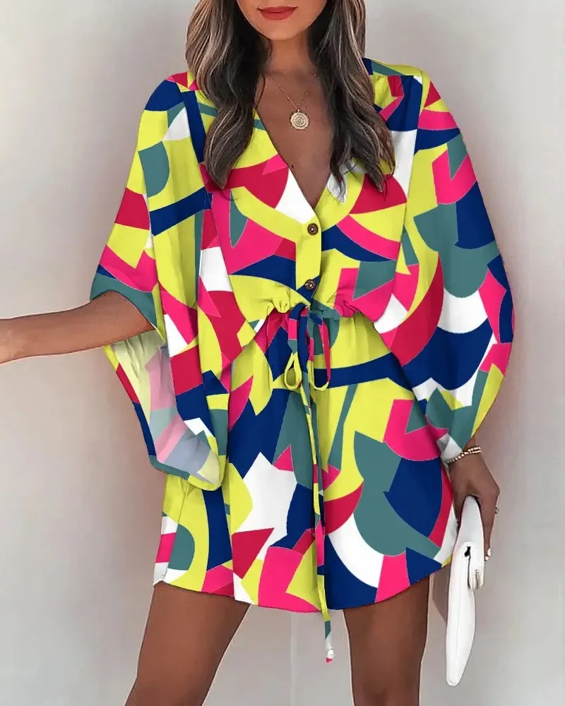 Women Print Dress Sexy V-Neck Bat Sleeve Ruffl Flowers Print Bohemian Beach Sundress Ladies Loose Summer Vacation Mini Dresses 4