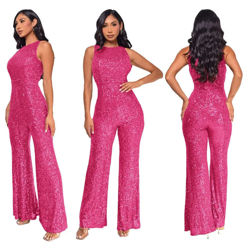 Bling Bling Sequined Club Jumpsuit Sexy Women O-neck Elegant Shiny Sliver Gold Sequins Straight Romper Overalls 3