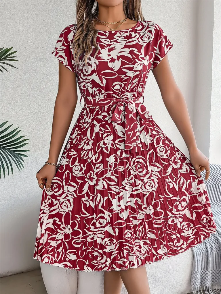 Elegant Floral Short Sleeved Pleated Dress Women Round Neck Medium Long Spring Summer Causal A Line Dress 5