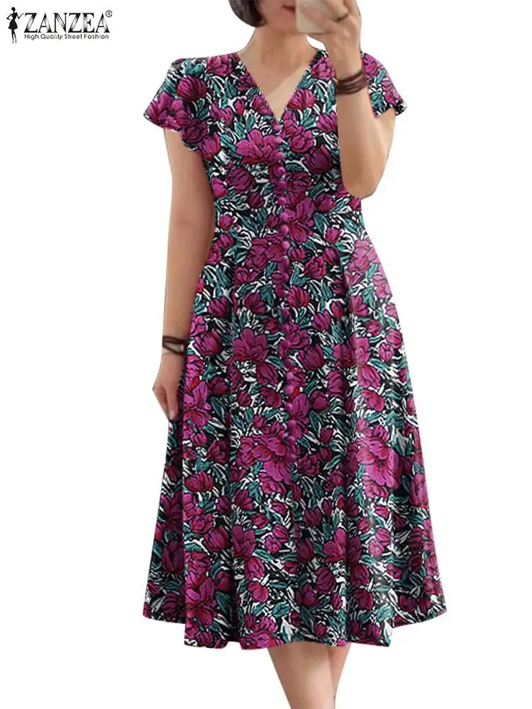 ZANZEA Elegant Women Floral Print Midi Dress Summer Casual Cinched Waist V Neck Party Vestidos Fashion Ruffles Short Sleeve Robe 4