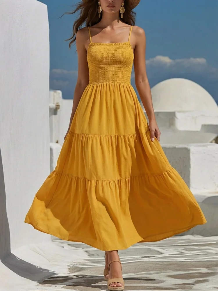 Spaghetti Strap Maxi Dress Square Neck Smocked Bodice Tiered Ruffle Skirt Fashion Outfit For Women Beach Vacation Daily Travel Casual Dating Stylish Garment 3