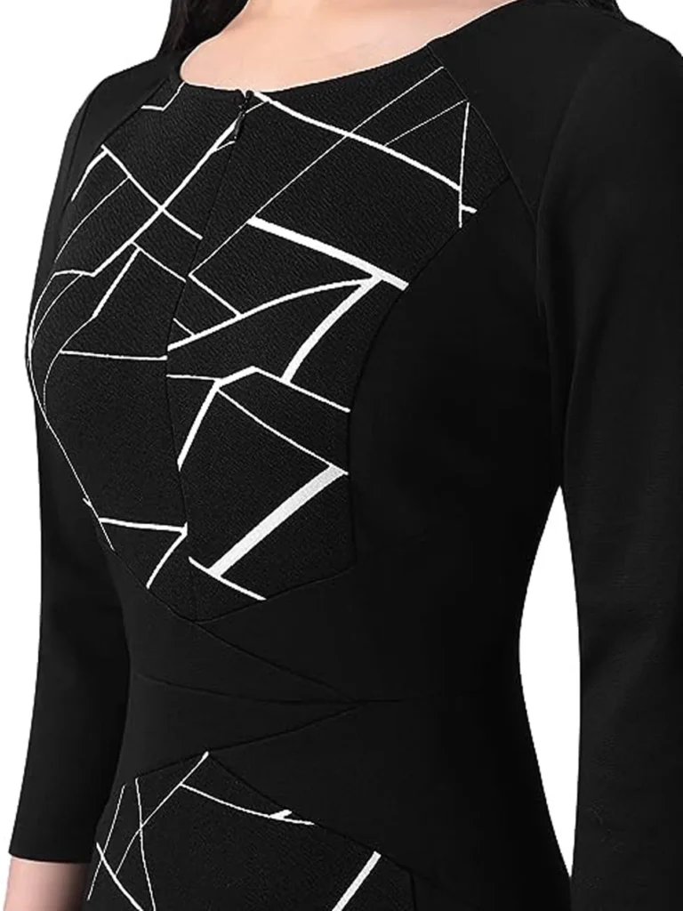 Women Elegant Business V Notch Neck 3/4 Sleeve Autumn Office Work Knee Length Bodycon Dress Geometric Print Patchwork Slim Fit 4