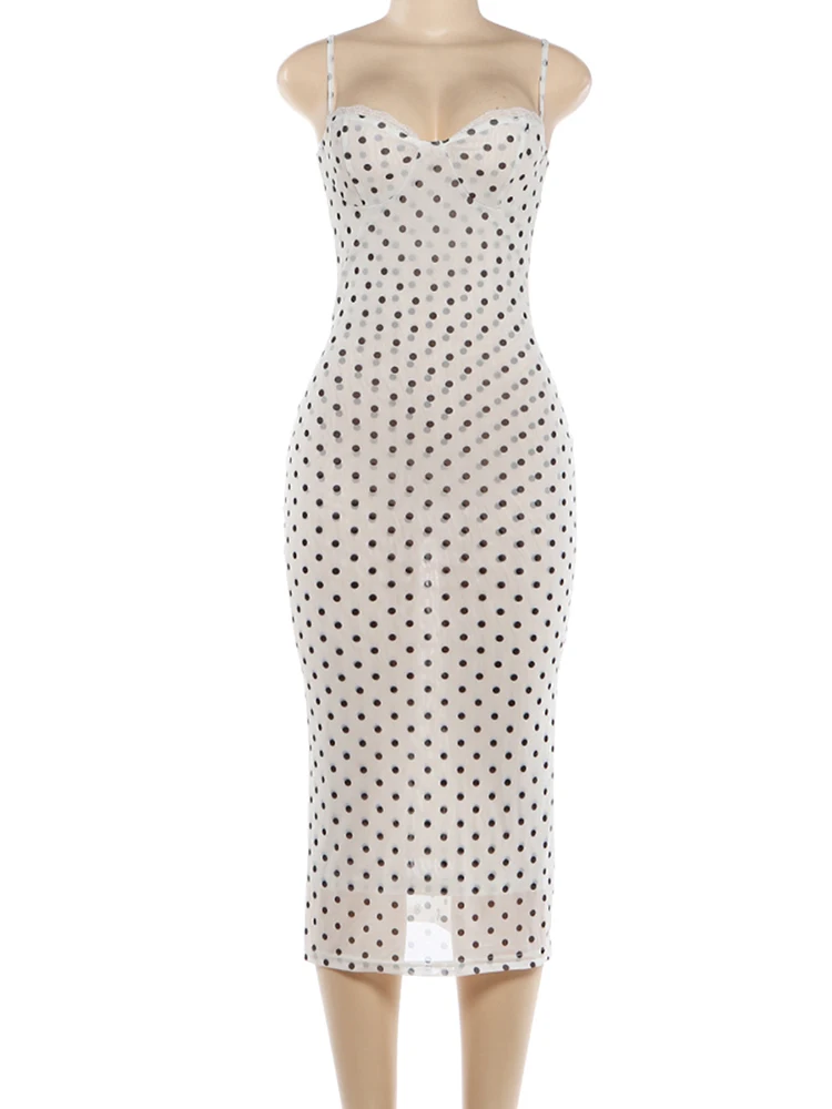 Kliou Polka Dot Print Sling Dress Woman Summer Trend Low-Neck Backless High Waist Robe Daily Casual Simple Elegant Long Bodycon 6