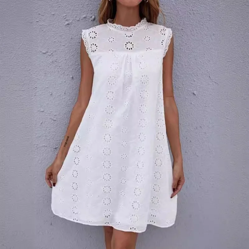 2025 Summer Sleeveless Women Dress Fashion Beach Hollow Out White Dresses Lace Short Dress 1