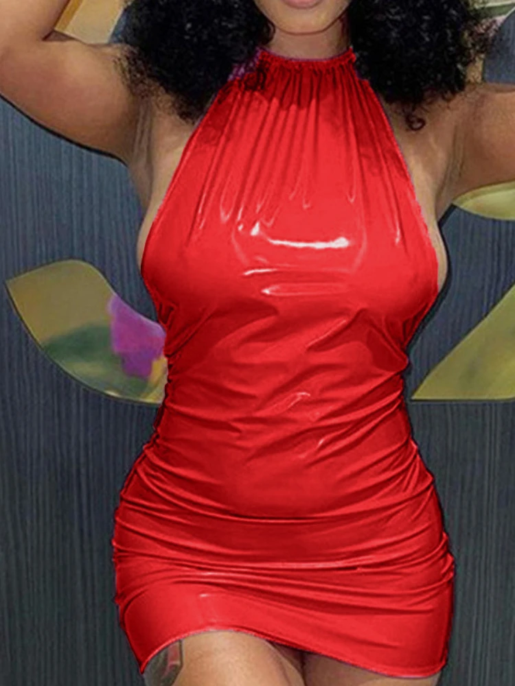 Sexy Shiny Candy Color Imitation PU Leather Slim Bodycon Dress Women Sleeveless Wrap Chest Skinny Dress Club Party Vestidos 3