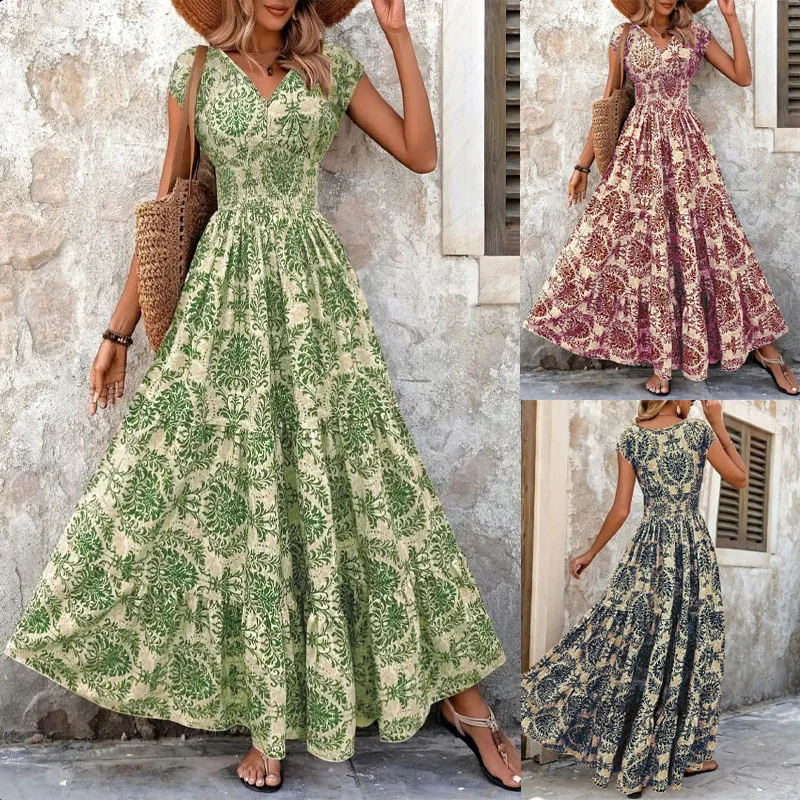 2026 Vintage Floral Print Dress Elegant V-Neck Short Sleeve Long Women's Fashion Retro Gown 6