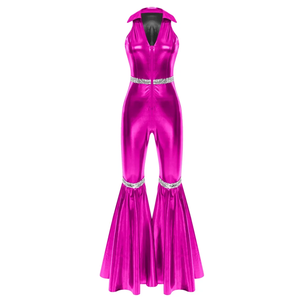 Womens Metallic Shiny Jazz Hip Hop Dance Performance Costume 70s 80s Disco Party Rompers Bell-bottom Hippie Jumpsuit Dancewear 4