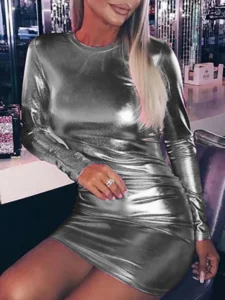 Sexy Shiny Gilding PU Patent Leather Slim Bodycon Dress Women Long Sleeves Solid Color Skinny Dress Elegant Club Party Vestidos