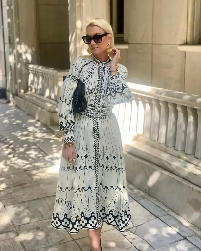 Retro Elegant Stand Collar Long Dress Women Spring Pattern Print Belted Buckle Party  Autumn  Sleeve A-Line Boho 2