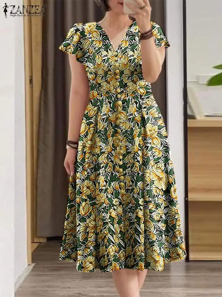 ZANZEA Elegant Women Floral Print Midi Dress Summer Casual Cinched Waist V Neck Party Vestidos Fashion Ruffles Short Sleeve Robe 2